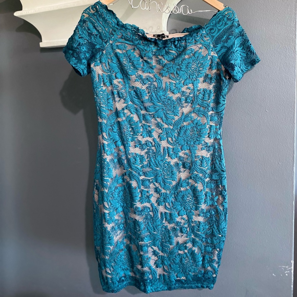 Teal lace mini dress